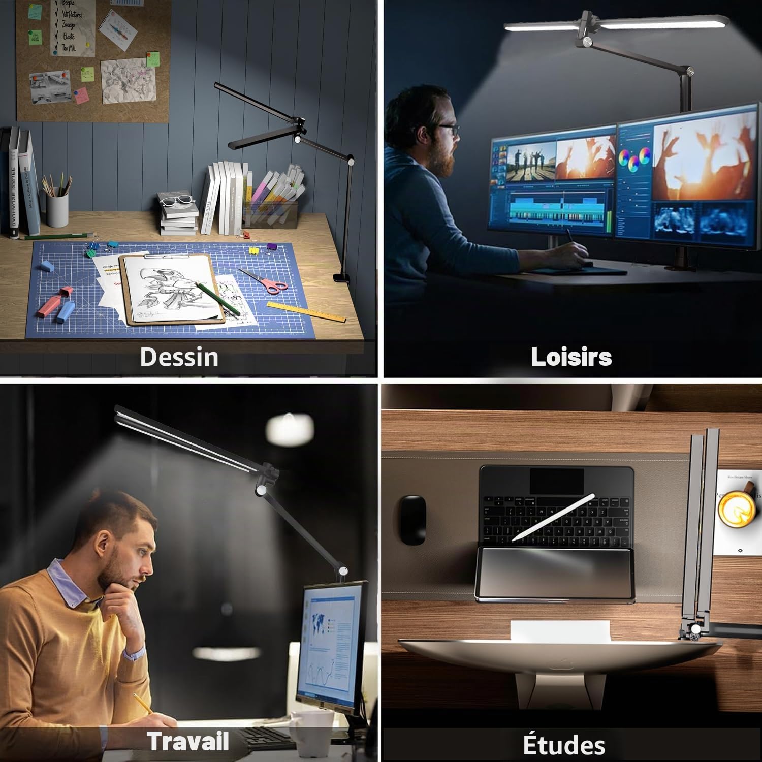 Lampe bureau LED 24W 84cm Double Bras Pince pour Ecran luminosité réglable | lampe bureau puissante Éclairage ultra-large, 5 Luminosité, 5 Températures de Couleur, bras flexible pour gamer/bureau/screen