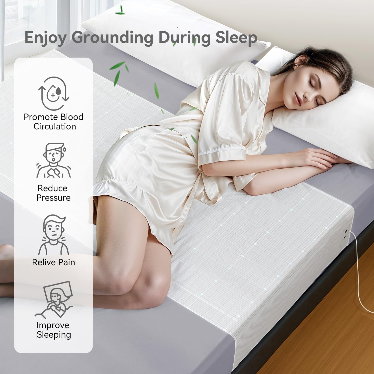 Grounding Sheets for All Mattress Sizes, 90% Viscose Derived from Bamboo 10% Silver Fiber Grounding Mat for Bed Grounded Sheets Earth Mat Pad for Queen Cal King Twin XL Full 104"x24" (White)