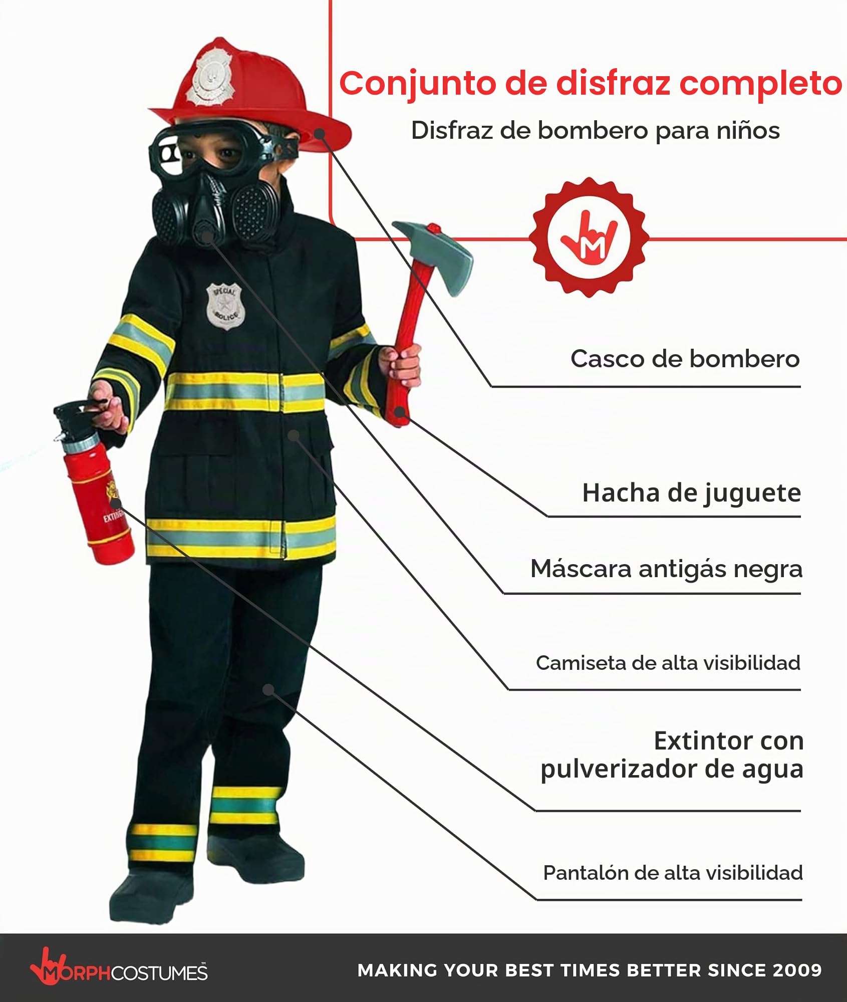 Morph - Disfraz de bombero infantil, disfraz de Halloween para niños, tallas S, M y L