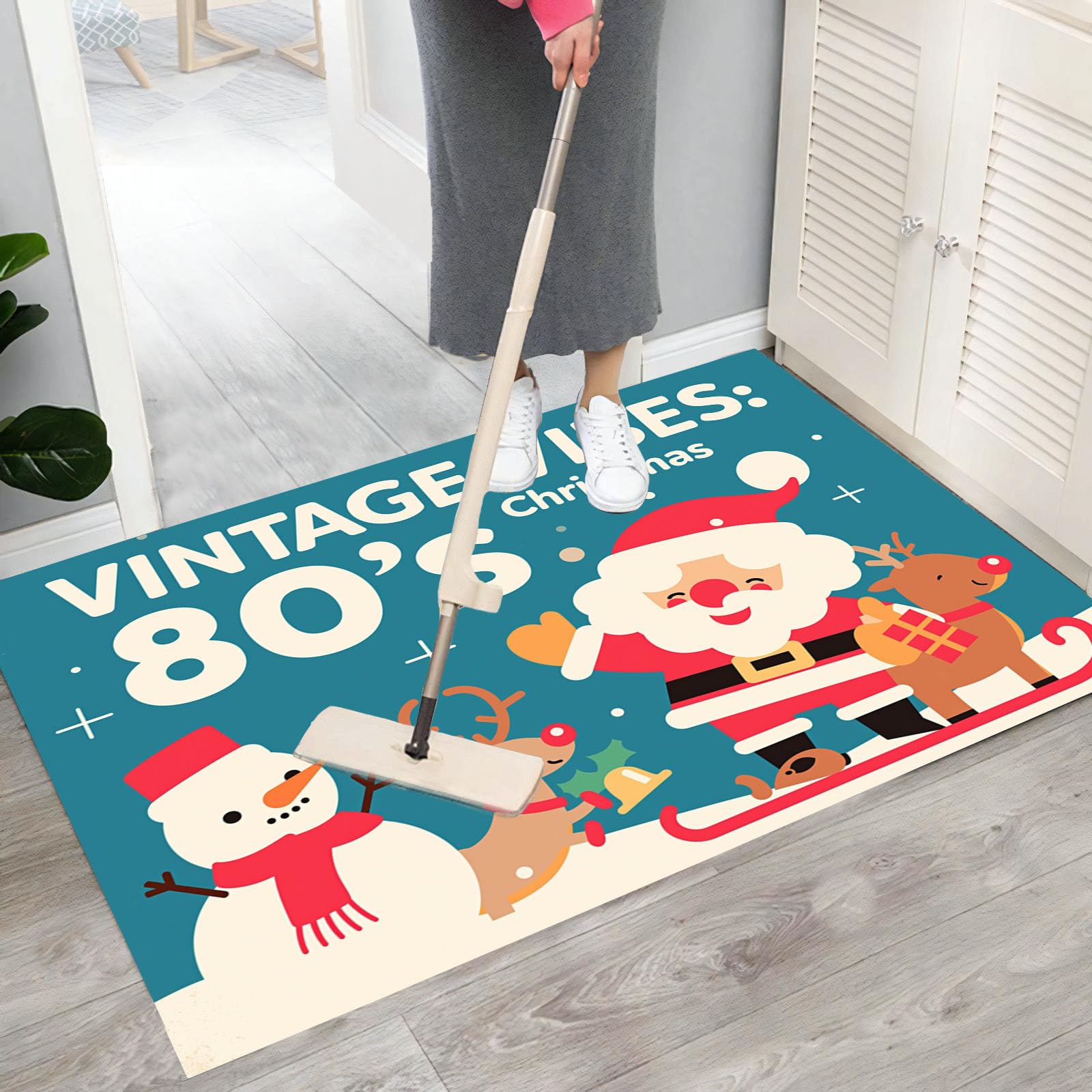Felpudo de Mono Retro, Alfombra Papá Noel Renos Muñeco De Nieve para Entrada, Felpudo Entrada Casa 90x150cm, Alfombra de Puerta de Entrada, Lavables, Decorativo Casa, Azul