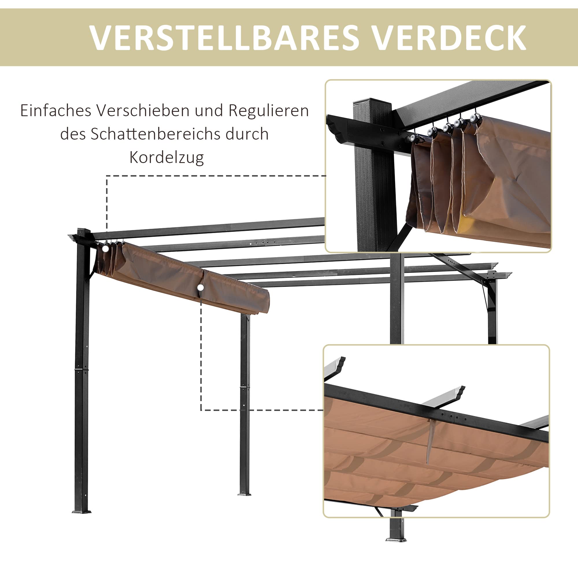 Outsunny Pergola z regulowanym daszkiem materiałowym 3x4 m Szary+Brązowy | Daszek tarasowy, aluminiowa ochrona przeciwsłoneczna, zadaszenie, taras ogród