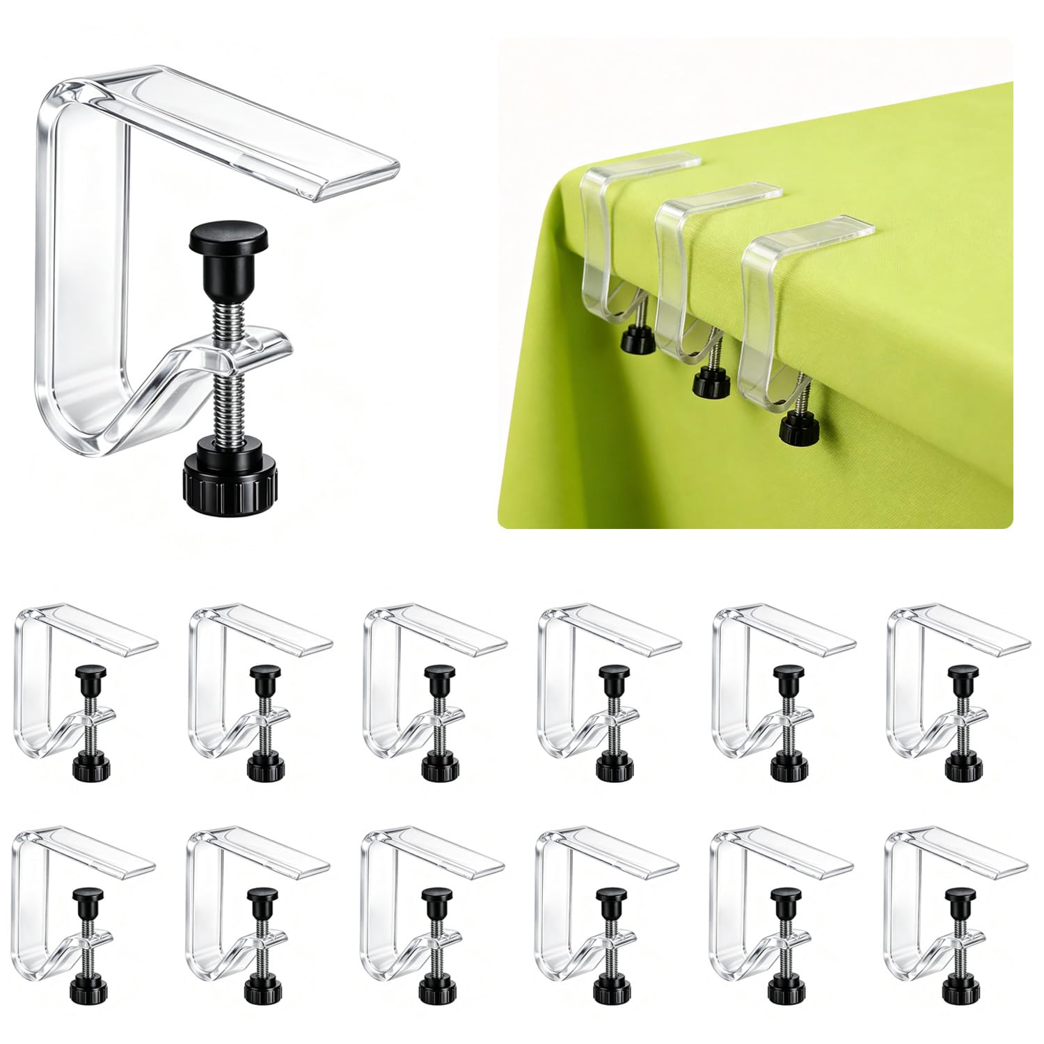 Photo 1 of 12 Pieces Clear Tablecloth Clips, Adjustable Plastic Table Cover Holders, Windproof Transparent Clamps for Securing Tablecloths Indoor Outdoor Party, Wedding, Christmas Event, Picnic, Camping