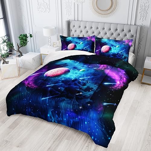 BailiPromise Juego de edredón con estampado de galaxia 3D, juego de edredón de espacio exterior de nube de universo, tamaño matrimonial, fundas para