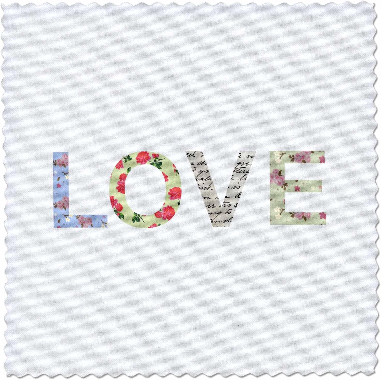 3dRose Love - Romantic Floral Typography - Girly Text - Flowery Shabby Chic Valentines Day Flower Design 25x25 inch Quilt Square