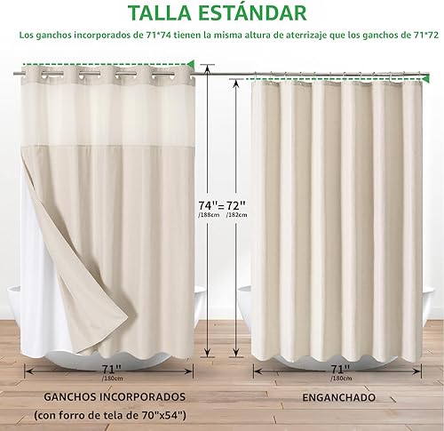 Miniatura 6 de eachope Cortina de ducha texturizada de lino sin ganchos con forro de tela a presión, cortinas de ducha de decoración de lujo para baño con ventana