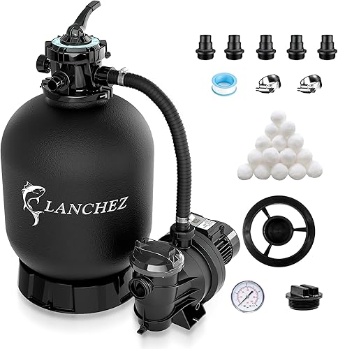 LANCHEZ Bomba de filtro de arena de 16" para piscina sobre el suelo con temporizador, bomba de piscina de 1.5 HP para piscinas de hasta 16,000