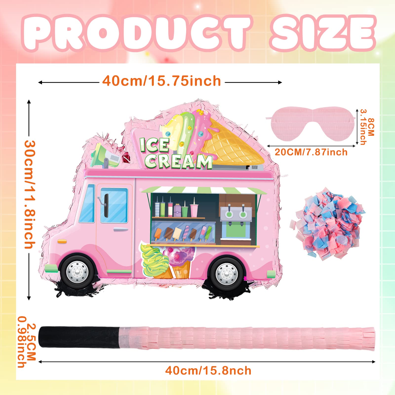 Ferraycle Ice Cream Truck Piñata Ice Cream Party Birthday Decorations Ice Cream Piñata with Blindfold, Stick and Confetti for Kids Girls Birthday Summer Candy Theme Party Baby Shower