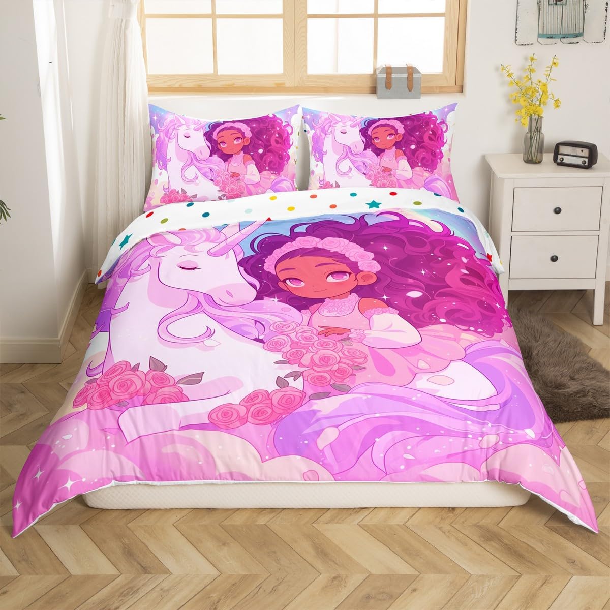 Erosebridal Black Girl Bedding Set Toddler Cute Unicorn Comforter Cover Purple Princess Flowers Duvet Cover for Kids Boys Girls Teens American Black Girls Quilt Cover