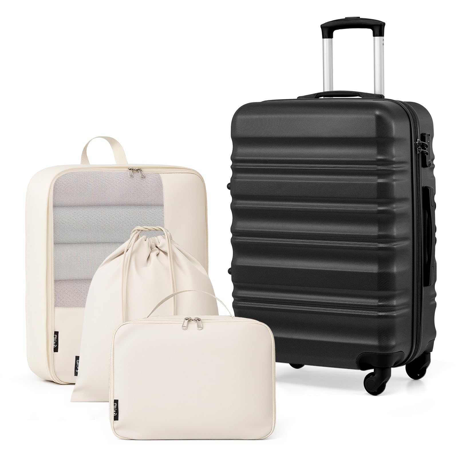 COOLIFE Koffer Set 24 Zoll, ABS+PC Hartschalenkoffer mit Rollen & TSA-Schloss, Enthält 1 Schuhbeutel + 1 Kulturbeutel + 1 Reise-Organizertasche (Schwarz, 4-teiliges Set)