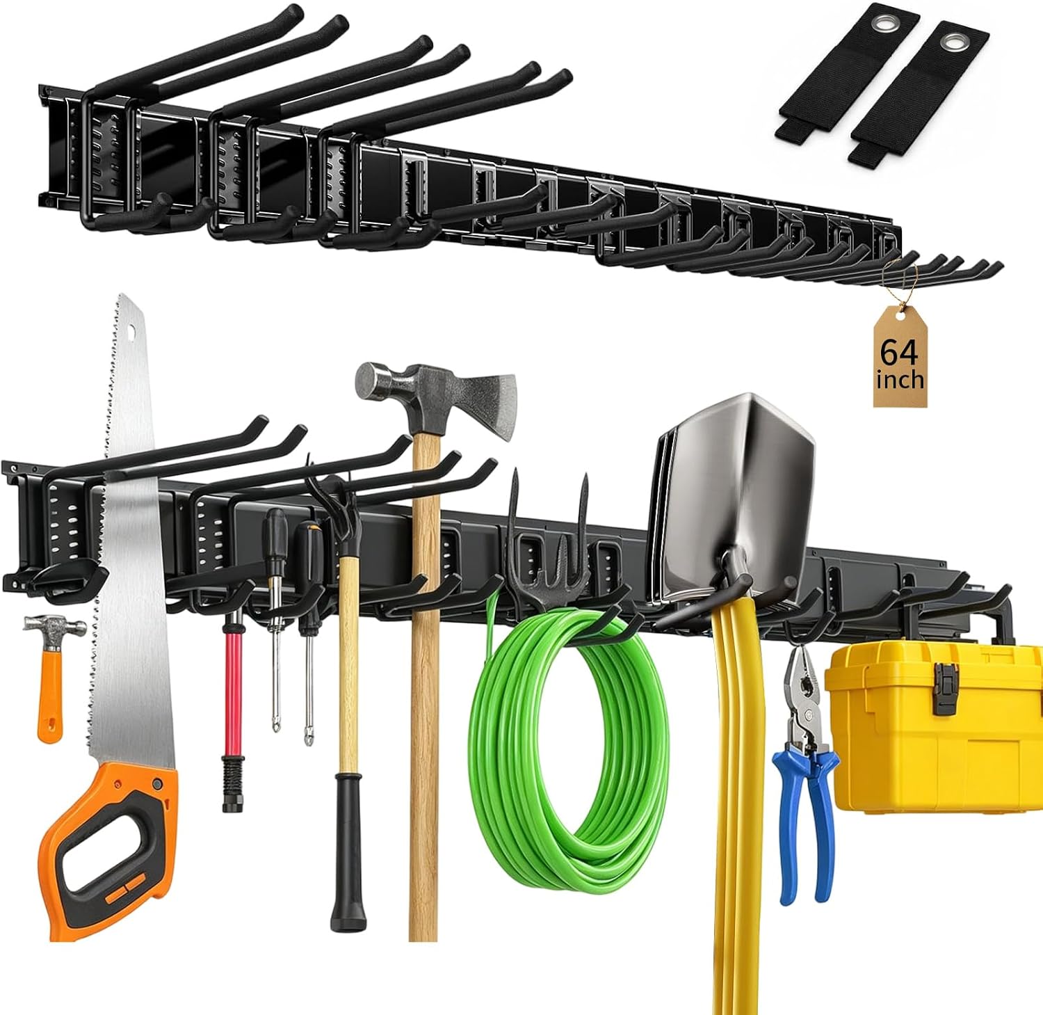64" Garage Tool Organizer Wall Mount,900 lbs Heavy Duty Garden Tool Storage Rack with Easy Assembly,Large Storage Space,Garage Storage Rack with 12 Longer Thicker Hooks + 2 Straps for Yard,Shed,Garage