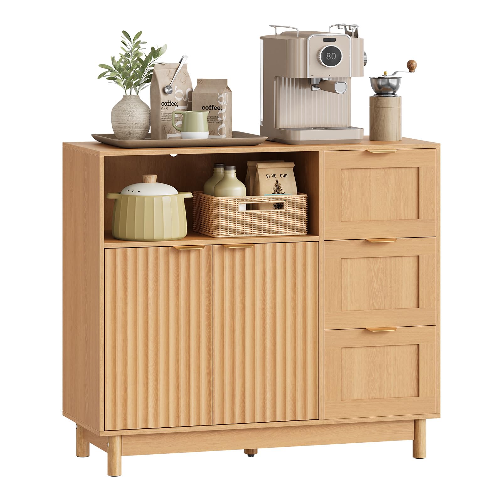 WOLTU Aparador, Mueble Cocina con 3 Cajones, 2 Puertas, Buffet Auxiliar de Cocina con Estante Ajustable, Compartimento Abierto, para Salón, Cocina y Comedor, 90x35x80 cm, Efecto de Madera