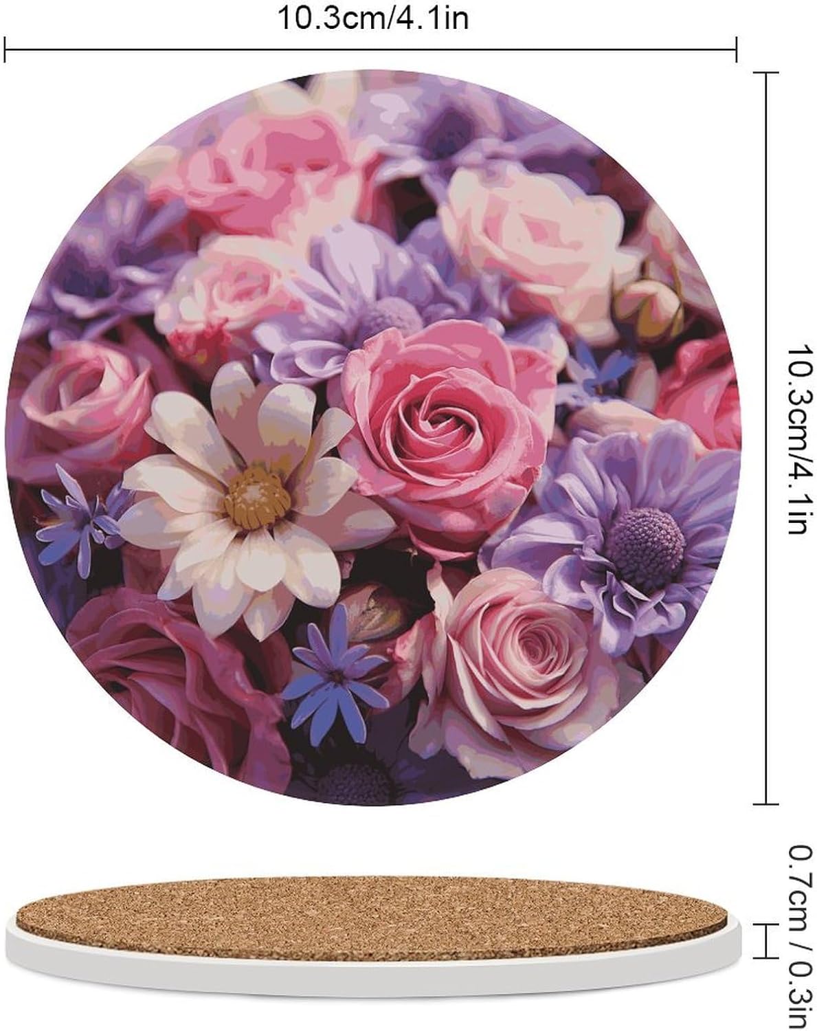 Pink and Purple Flowers Coasters Round Coasters Set Ceramic Stone Coaster with Cork Base Coffee Cup Beverage Cup Mat Cute Funny Table Drinks Coaster for Mugs and Cups Office Kitchen