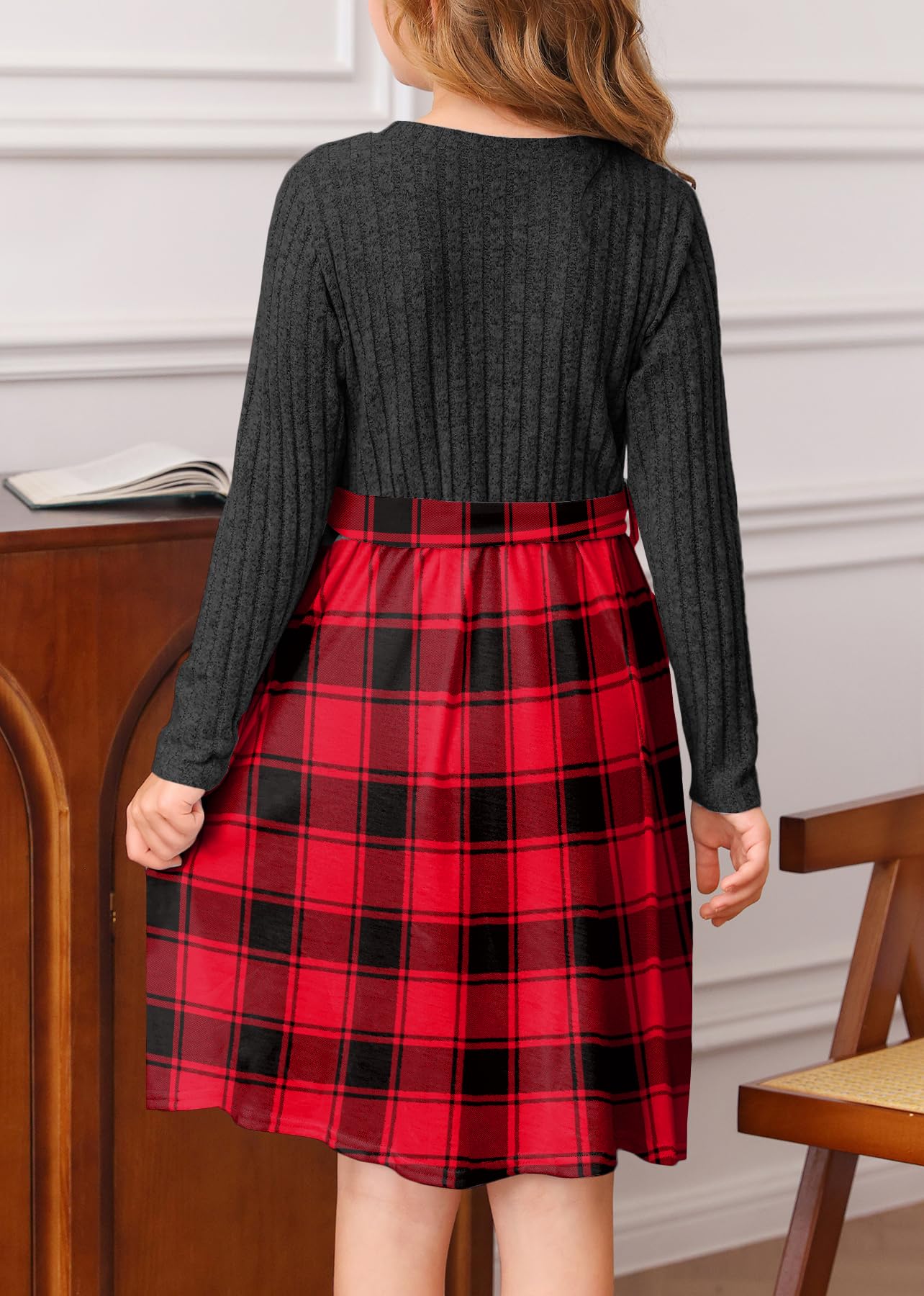 YOVION Langärmeliges Kleid für Mädchen, A-Linie, Swing, Urlaub, lässig, Strickkleider mit Gürtel, für 6–12 Jahre