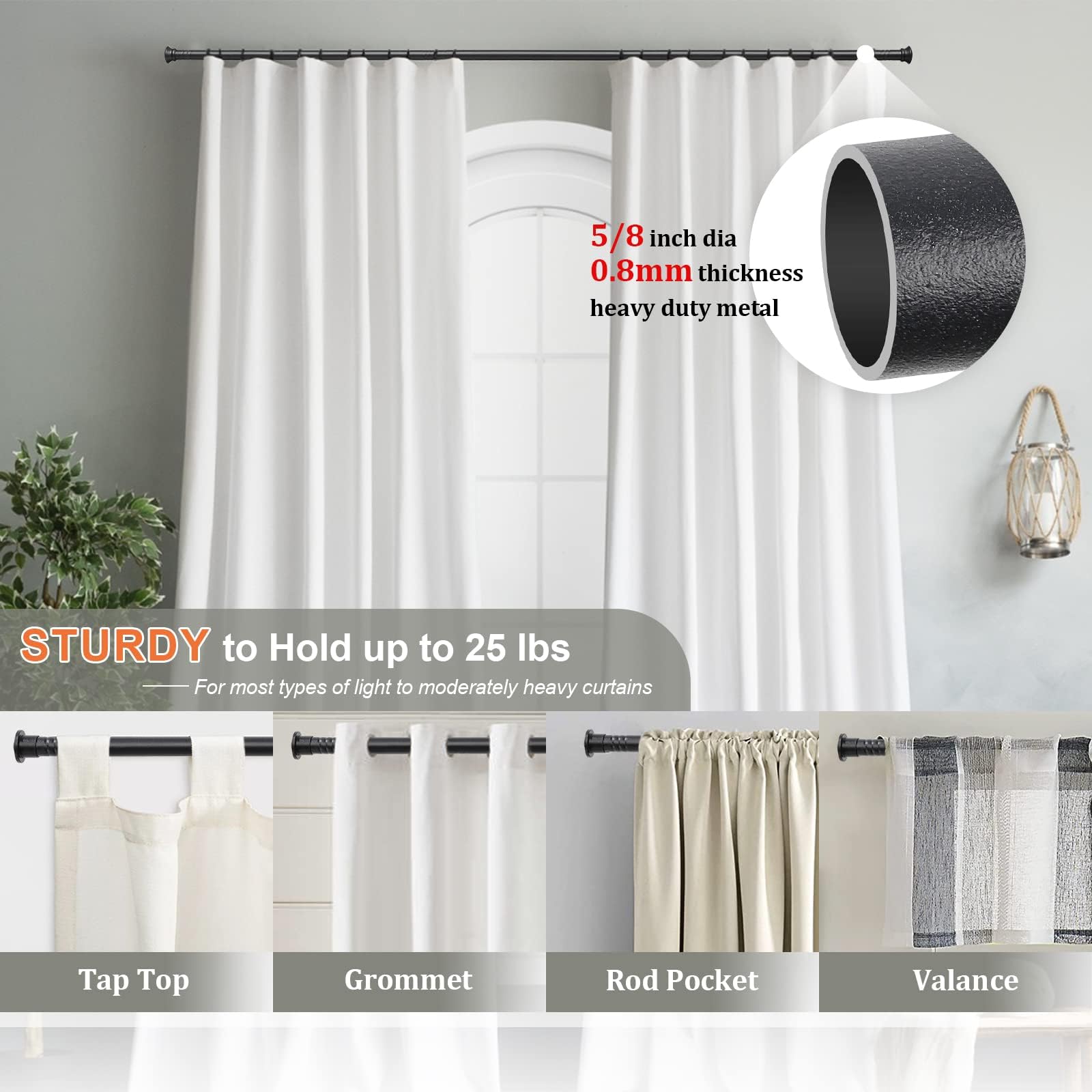 Thestoa Bastone Per Tenda A Scomparsa 124-178 Cm – Asta In Acciaio Inossidabile Nero, Terminali A Sfera, Supporto 11,3 Kg