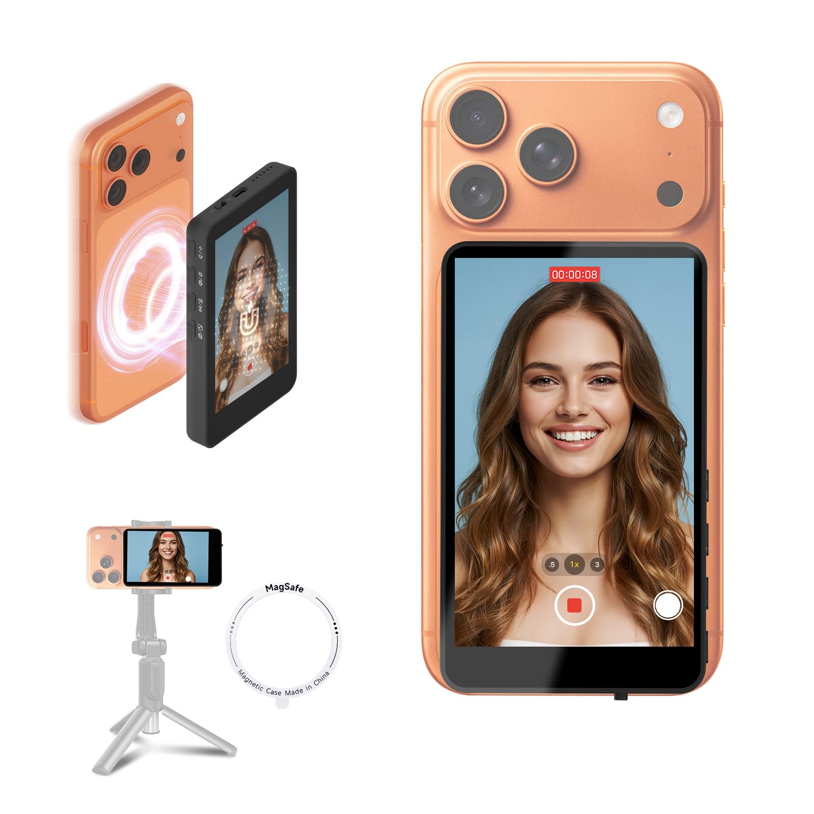 SYNCO XView Handy Selfie Monitor, Magnetischer Smartphone Vlog Bildschirm für iPhone & Android Rückkamera Kabellos 50M 3H Akku, mit Lautsprecher für TikTok YouTube Livestream (Schwarz)