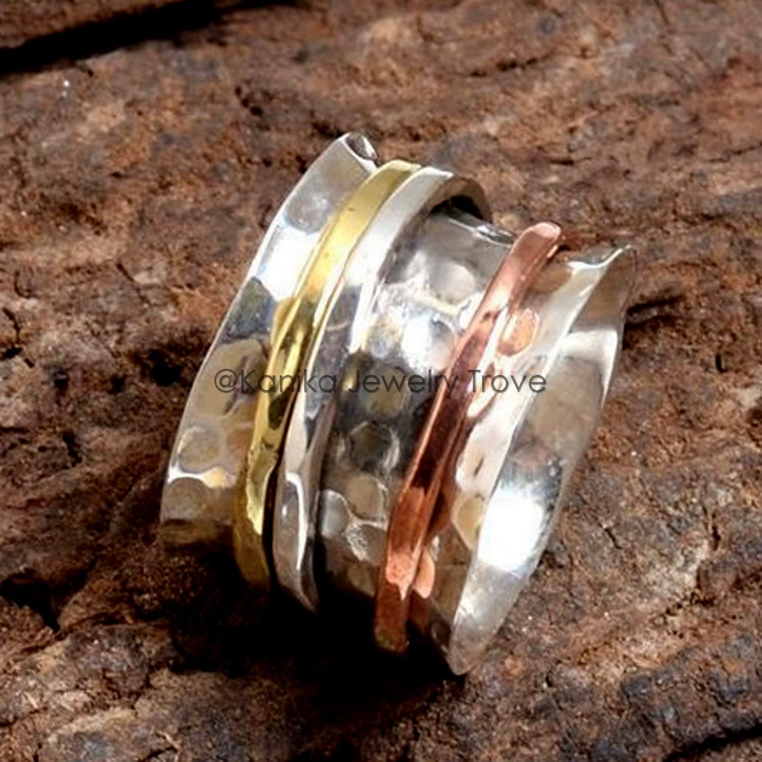 Anillos de plata de banda ancha para mujer,Spinner Band Rings, Anxiety Ring for Meditaion, 925 Sterling Silver Band, Brass and Copper Spinner Ring for Women, Gift Ring for Christmas
