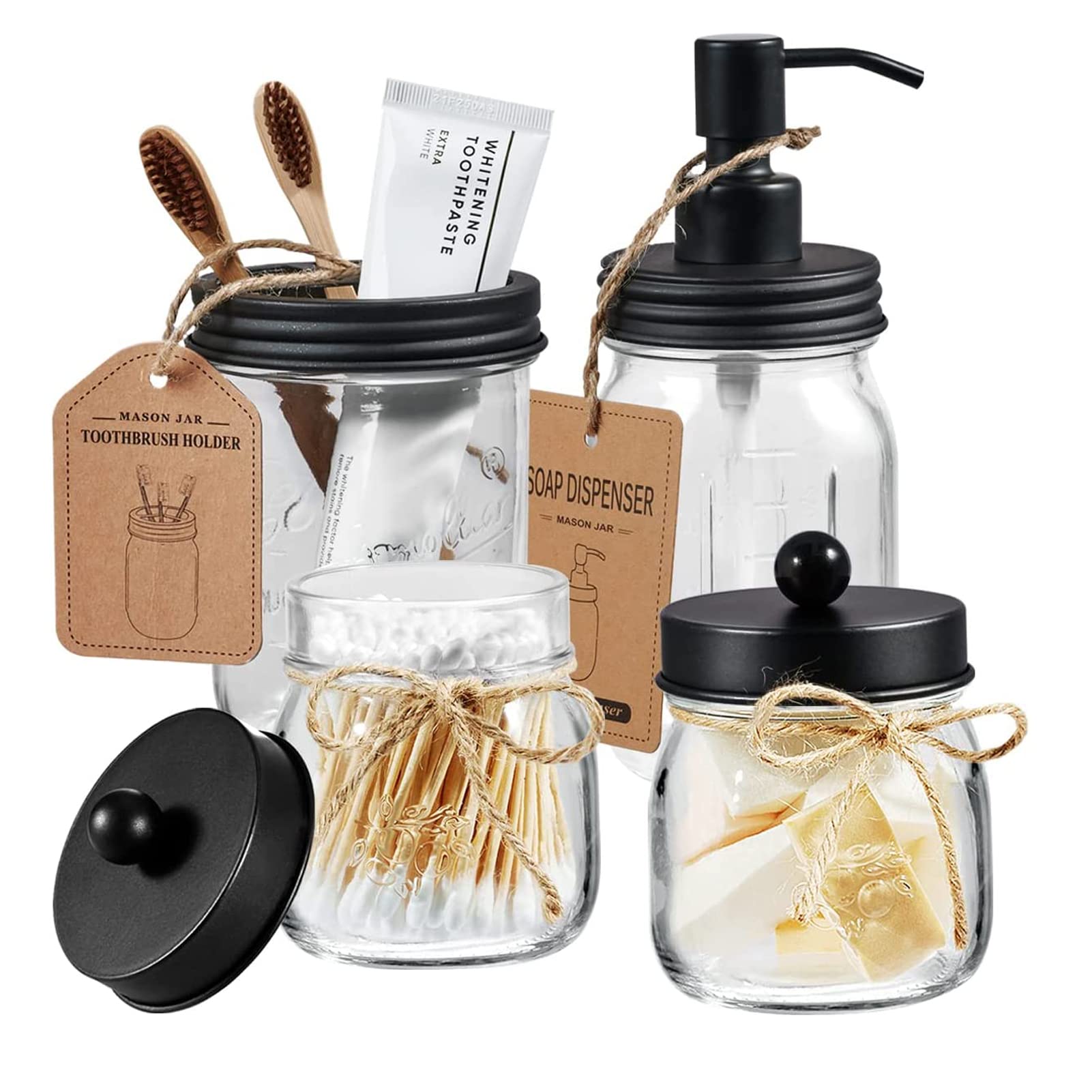 U-HOOME Mason Jar Bathroom Accessories Set(4 Pack) - Foaming Soap Dispenser&2 Qtip Holder Set &Toothbrush Holder-Rustic Farmhouse Decor Bathroom Organizer Apothecary Jar Country Countertop (Black)