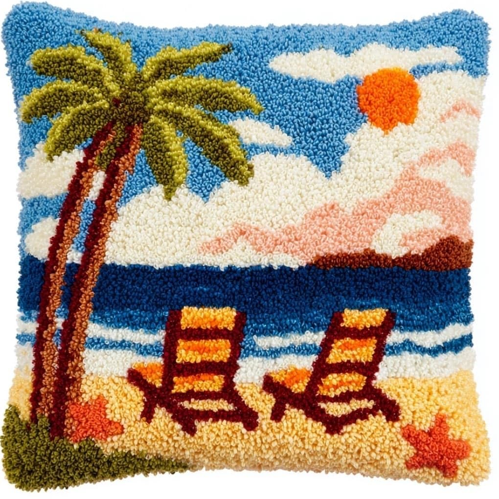 WallustrioaW Latch Hook Pillow Kit -Beach Tree Embroidery Art Craft Kit - All Ages - Unisex - 43X43Cm