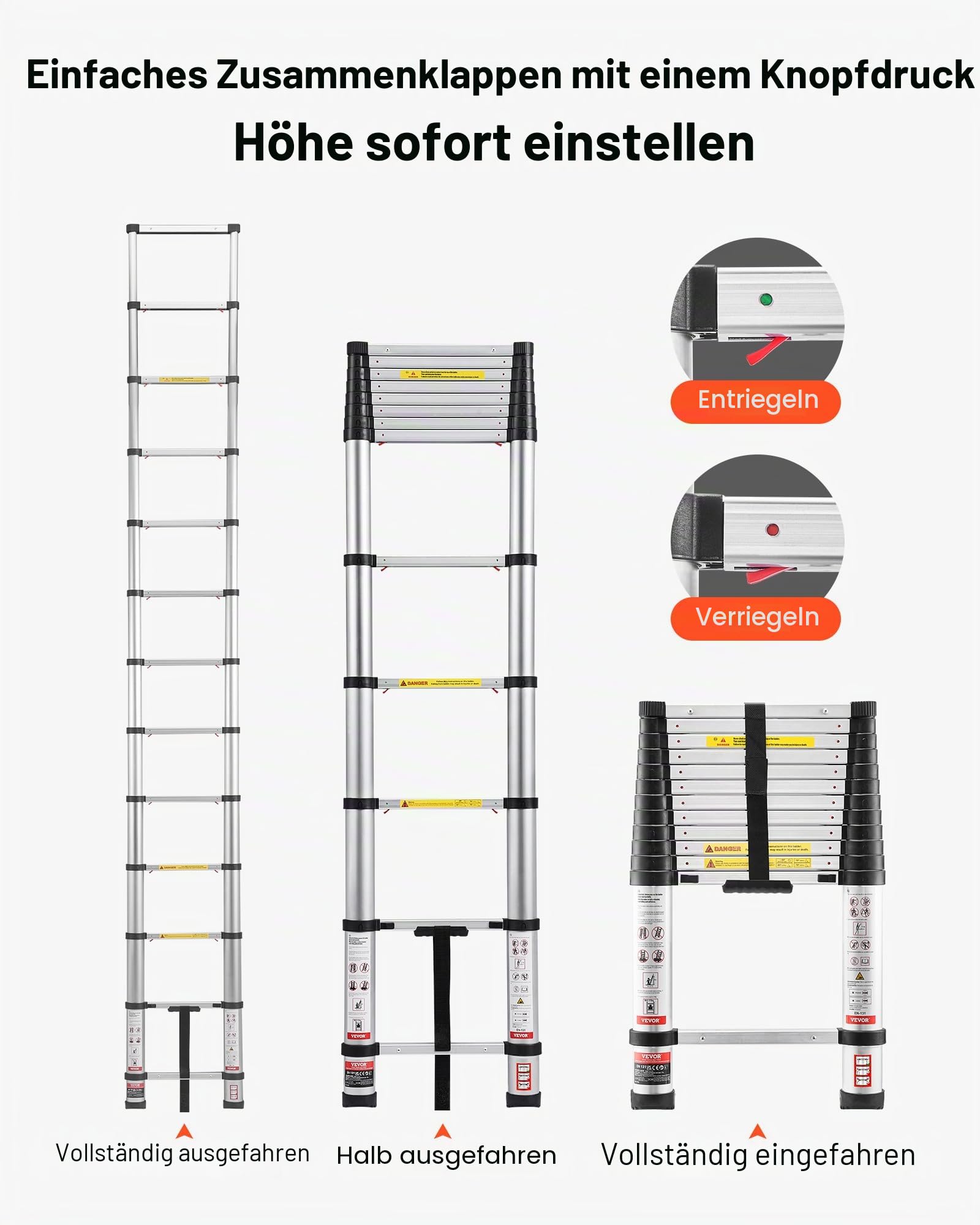 VEVOR Teleskopleiter 3740 mm, Aluminium-Klappleiter mit Einhand-Einzug, Mehrzweckleiter, belastbar bis 150 kg, Stehleiter, Haushaltsleiter, Außenleiter, für Haus, Garten & Dachboden