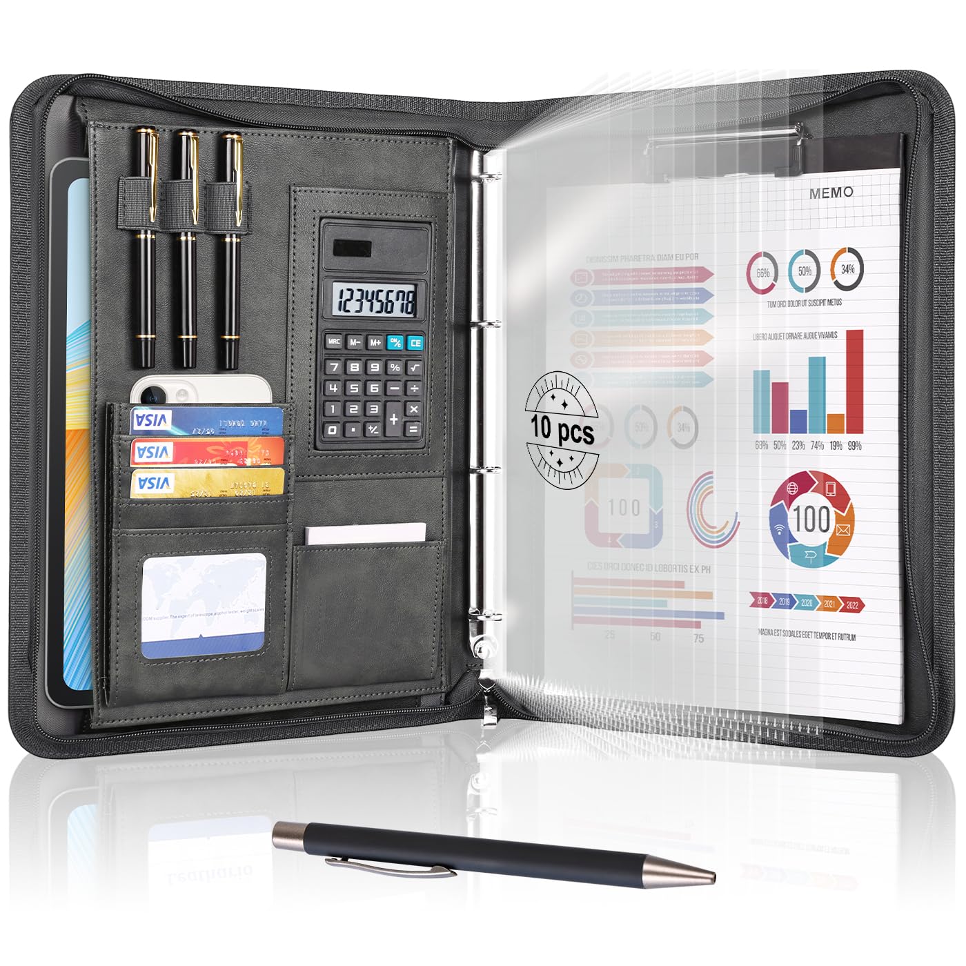 Cottoncode Portfolio Folder A4 Leather PU with Multi-Pockets 4-Ring Binder
