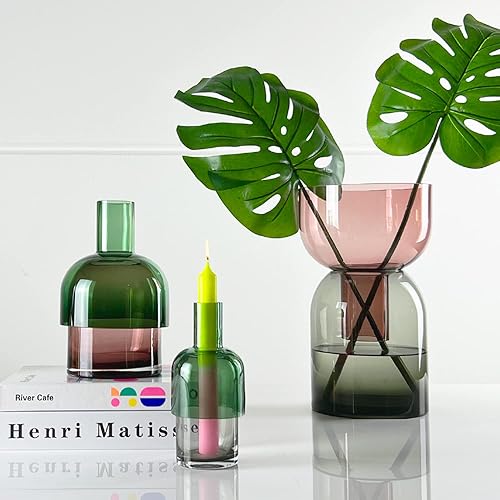 Miniatura 7 de Cloudnola Florero grande reversible de cristal y florero, verde y rosa, 9.5 pulgadas de alto x 5.6 pulgadas de diámetro, decoración del hogar, boda