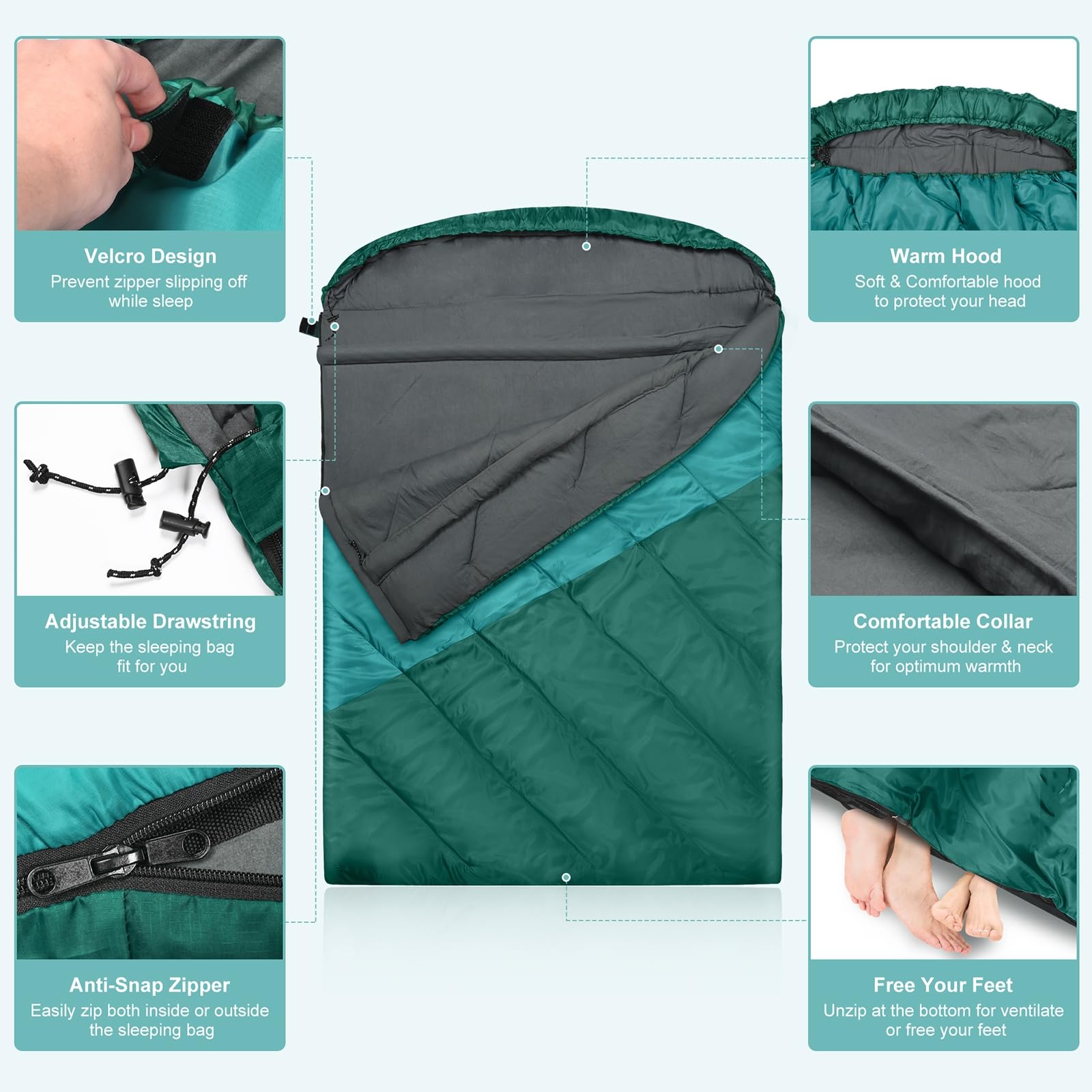 Saco de dormir doble, saco de dormir para 2 personas, tamaño Queen, para adultos, parejas, familia, camping, mochileros, XL, impermeable, ligero, para clima frío y cálido (azul lago)