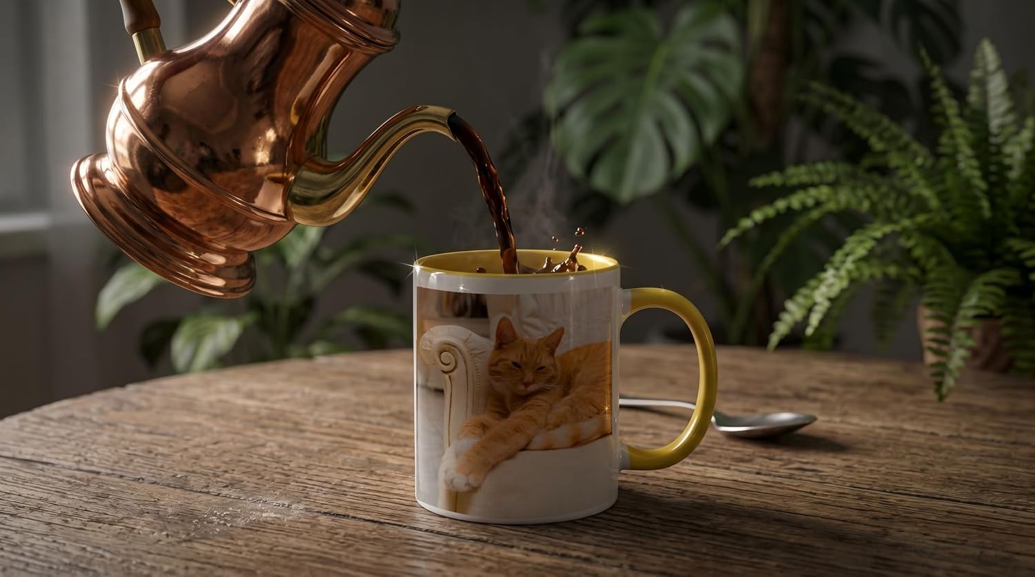 3dRose Happy orange tabby cat relaxing on fancy 11oz Two-Tone Yellow Mug image 4