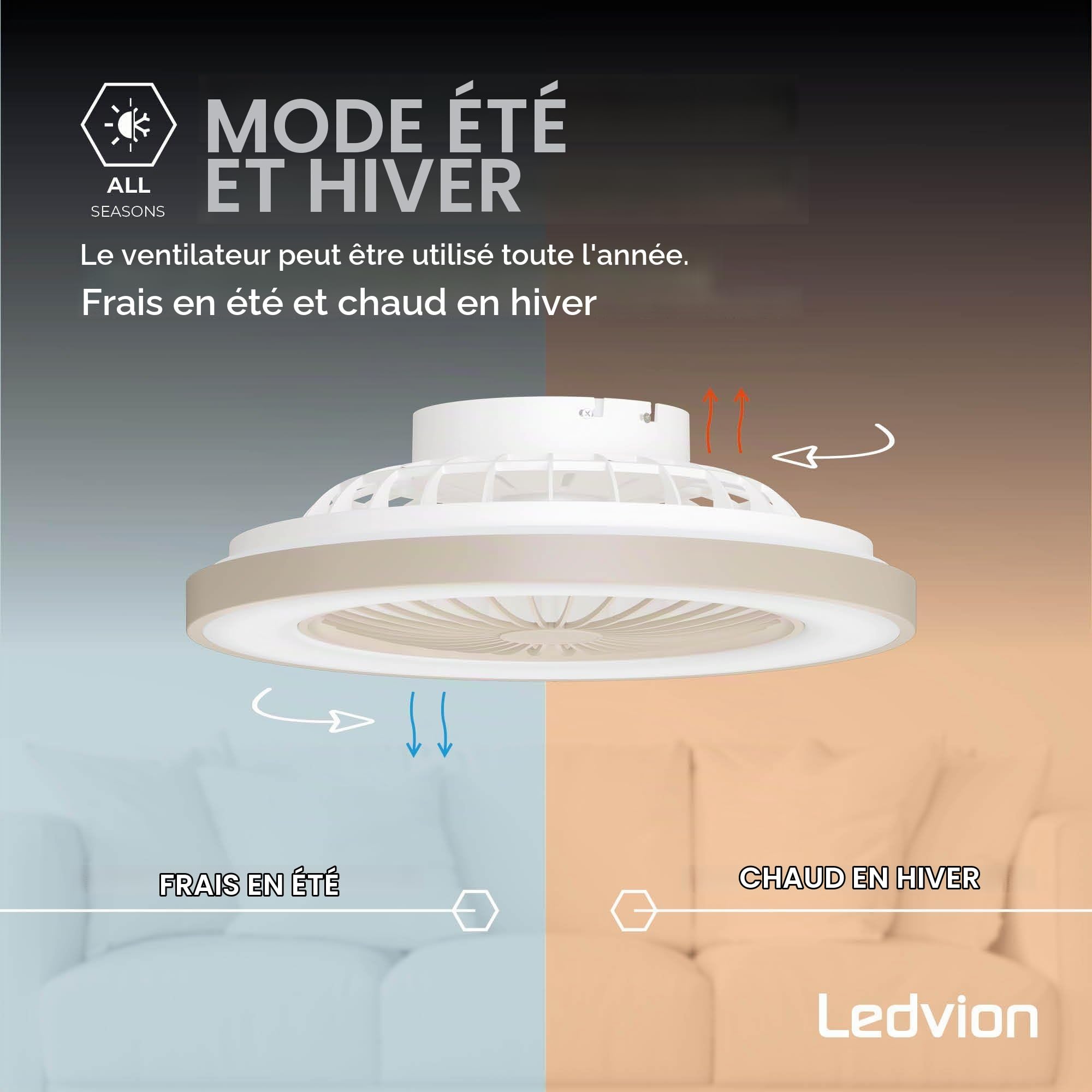 Ledvion - Ventilateur de Plafond avec Lumière, 49cm, Beige, 48W, 5200Lm, (2700k/4000K/6000K), 3 températures de couleur, 5 vitesses, Intensité variable, Télécommande, été-hiver, Ventilateur | Pour un mouvement d'air agréable dans le salon ou la chambre à