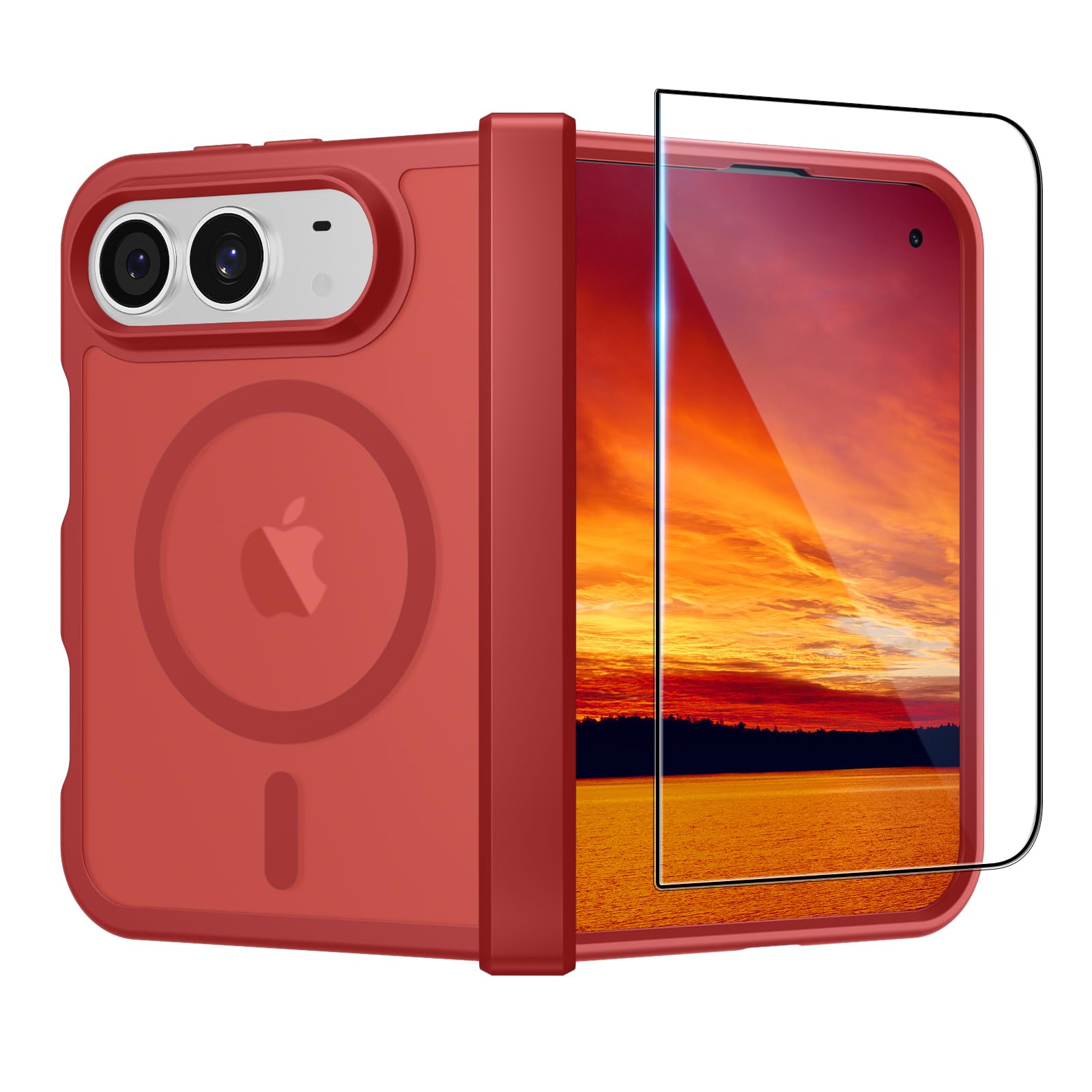 SUPFINE Magnetic for iPhone Duo Case Red with Full Hinge Potection | With Screen Protector, Translucent Matte, Compatible with MagSafe, Military Grade Drop Proof, Rugged Shockproof Protective