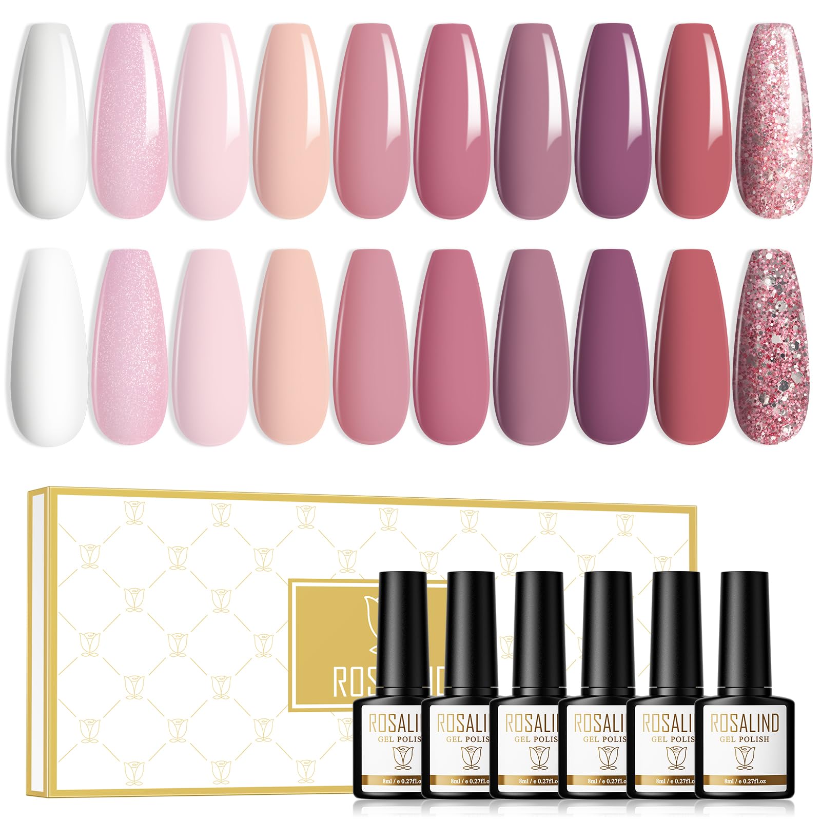 ROSALIND Esmaltes Semipermanentes Para Uñas Rosa y Morado Glitter Pintauñas Permanentes 10 Colores UV/LED Soak Off Nail Polish Gel Manicura DIY, 8ml
