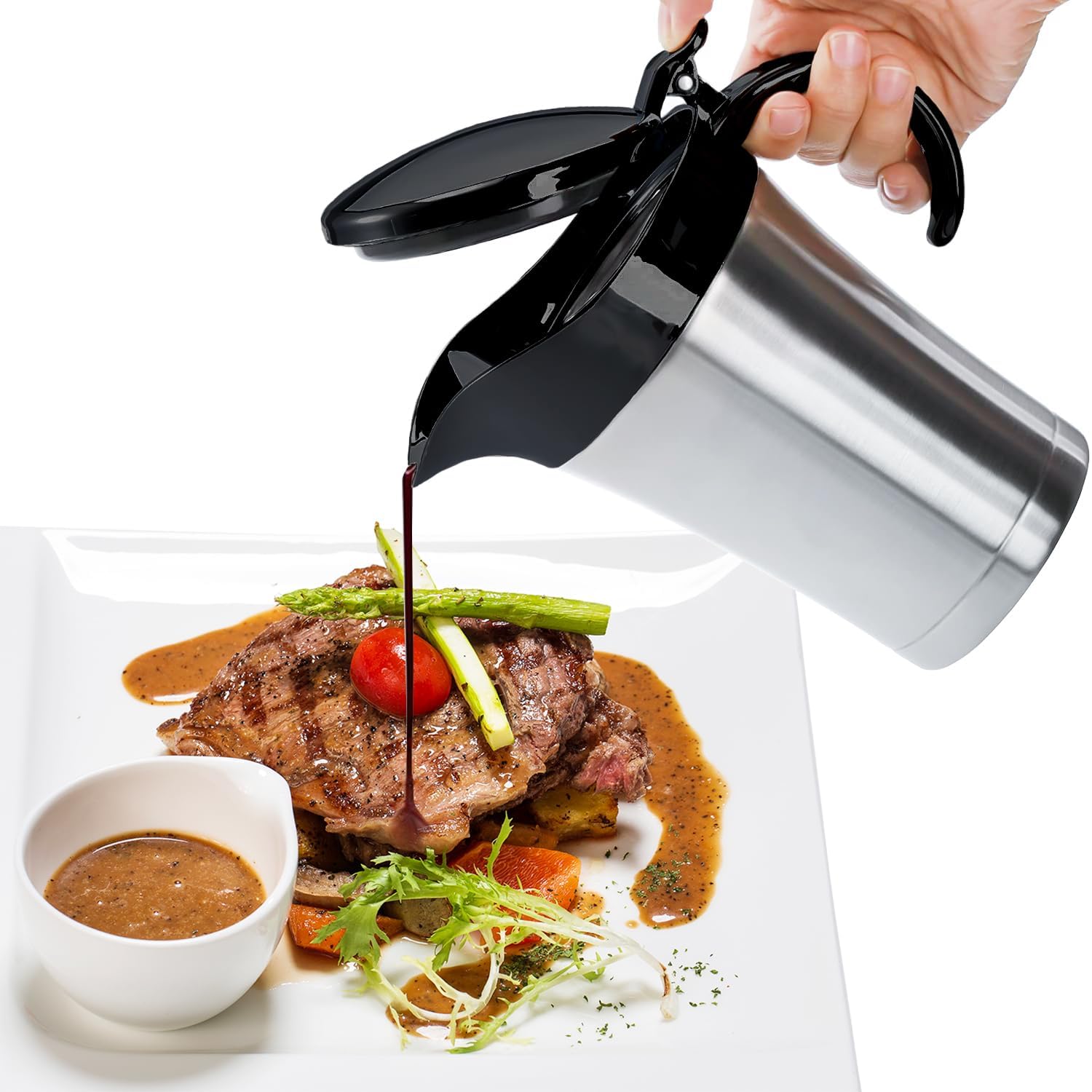 Double Insulated Gravy Boat,25Oz Stainless Steel Gravy Sauce Jug with Hinged Lid, Ideal Gravy Warmer Pitcher for Family Dinner, Thanksgiving, Halloween, Christmas, Birthday Party 750ML