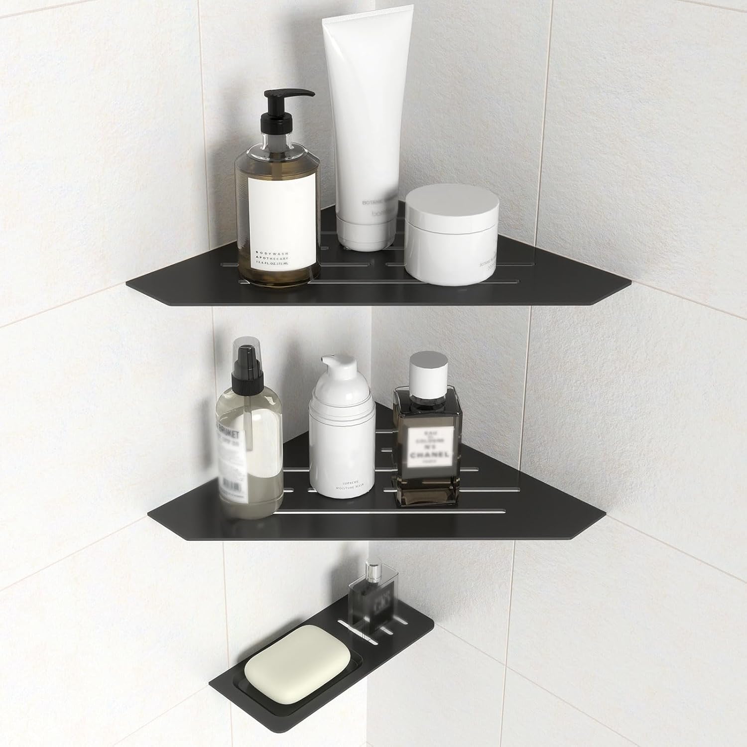10" Recessed Corner Shower Shelf 2 Packs, Grout Mount Install ation with Soap Holder, Bathroom Cornor Organizer for Tiled Wall, Requires Sealant, Matte Black
