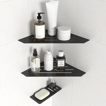 XIGOO 10" Recessed Corner Shower Shelf 2 Packs, Grout Mount Install ation with Soap Holder, Bathroom Cornor Organizer for Tiled Wall, Requires Sealant, Matte Black