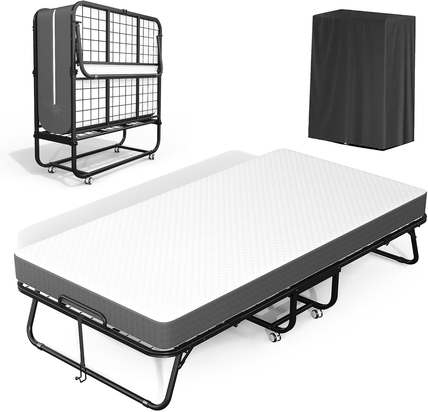 Crownland 75" x 38" Twin Size Folding Bed with 5 Inch Memory Foam Mattress, Portable Metal Rollaway Bed Frame on Locking Casters, Space Saving Guest Sleeper for Home, Office, Small Apartments