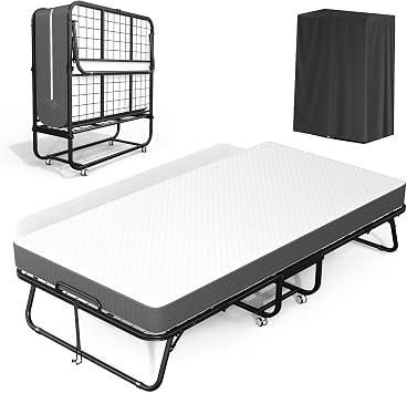 Crownland 75" x 31" Single Size Folding Bed with 5 Inch Memory Foam Mattress, Portable Metal Rollaway Bed Frame on Locking Casters, Space Saving Guest Sleeper for Home, Office, Small Apartments