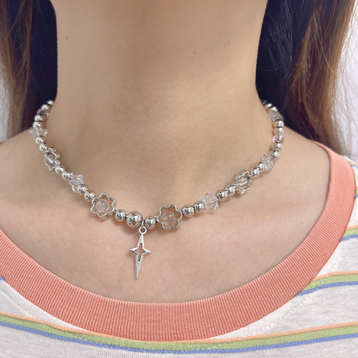 Fashion Star Beaded Chain Choker Necklace for Women Acrylic Love Heart Flower Starburst Bead Ball Chain Adjustable Necklaces Chic Jewelry Gifts 16 Inch - Image 2