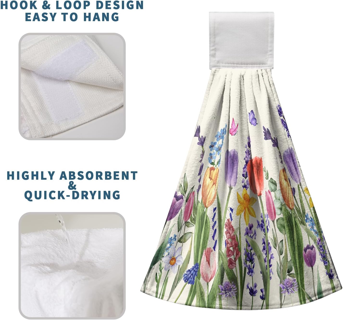 Tulip Kitchen Towels with Loops Spring Floral Tulips Lavender Hanging Hand Towel Set of 2 Summer Flower Butterfly Dish Towels Washcloths Super Absorbent Soft Hang Towel Bath Tie Towel - Image 6