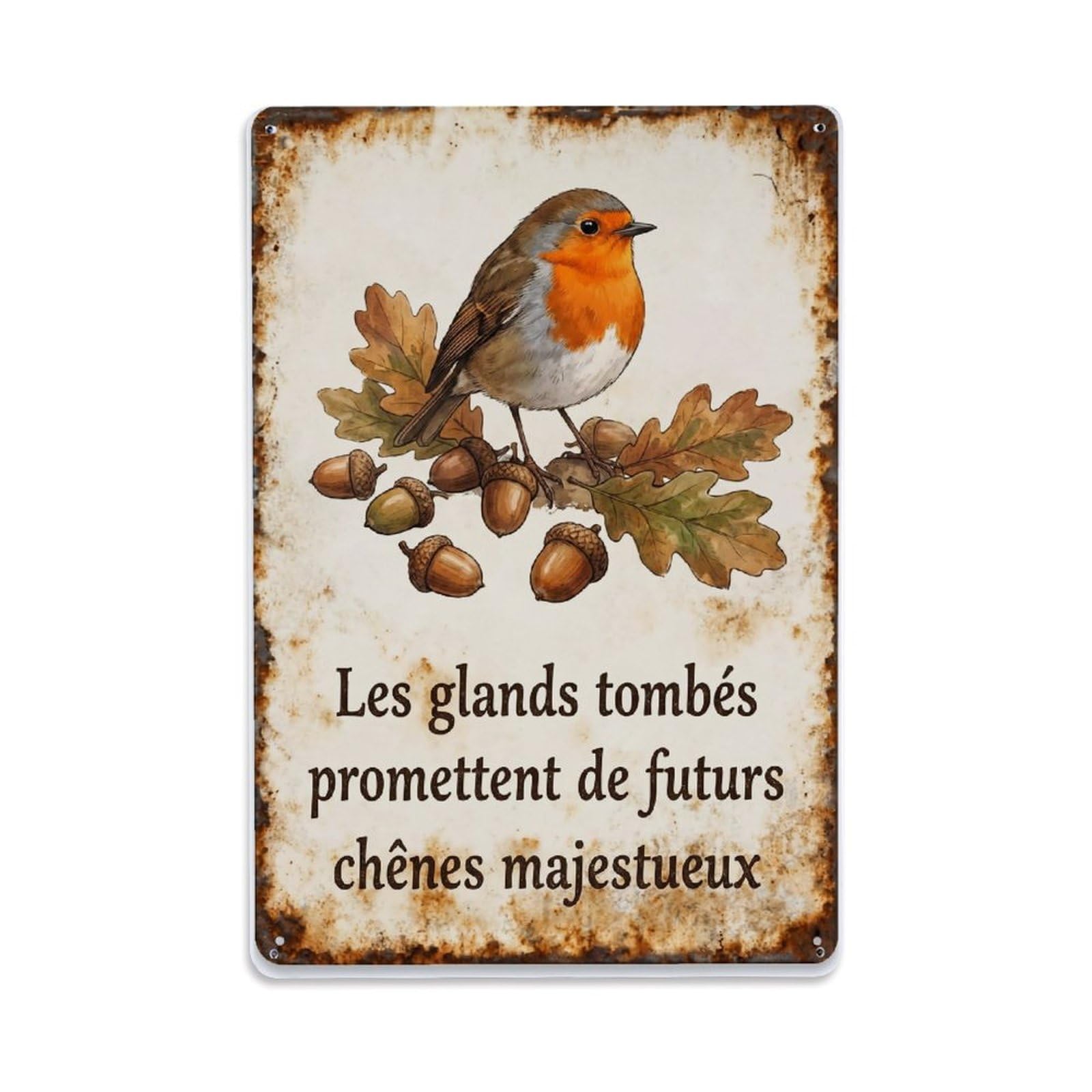 Fqnyr Style Robin Bird Garden Quote Acorn Treasure Metal Tin Sign Plaque Wall Decor For Cafe, Club Bar, Office, Home Garden Metal Poster 8X12inch