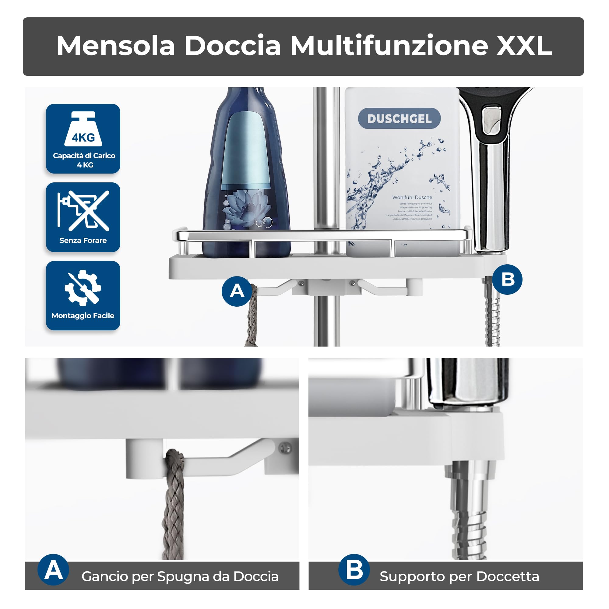 Görbach Asta Doccia in Acciaio Inox con Supporto Soffione Regolabile per Adattarsi ai Fori Esistenti, Adatto per Doccette Standard, Saliscendi Doccia 100 cm con Mensola Cromo