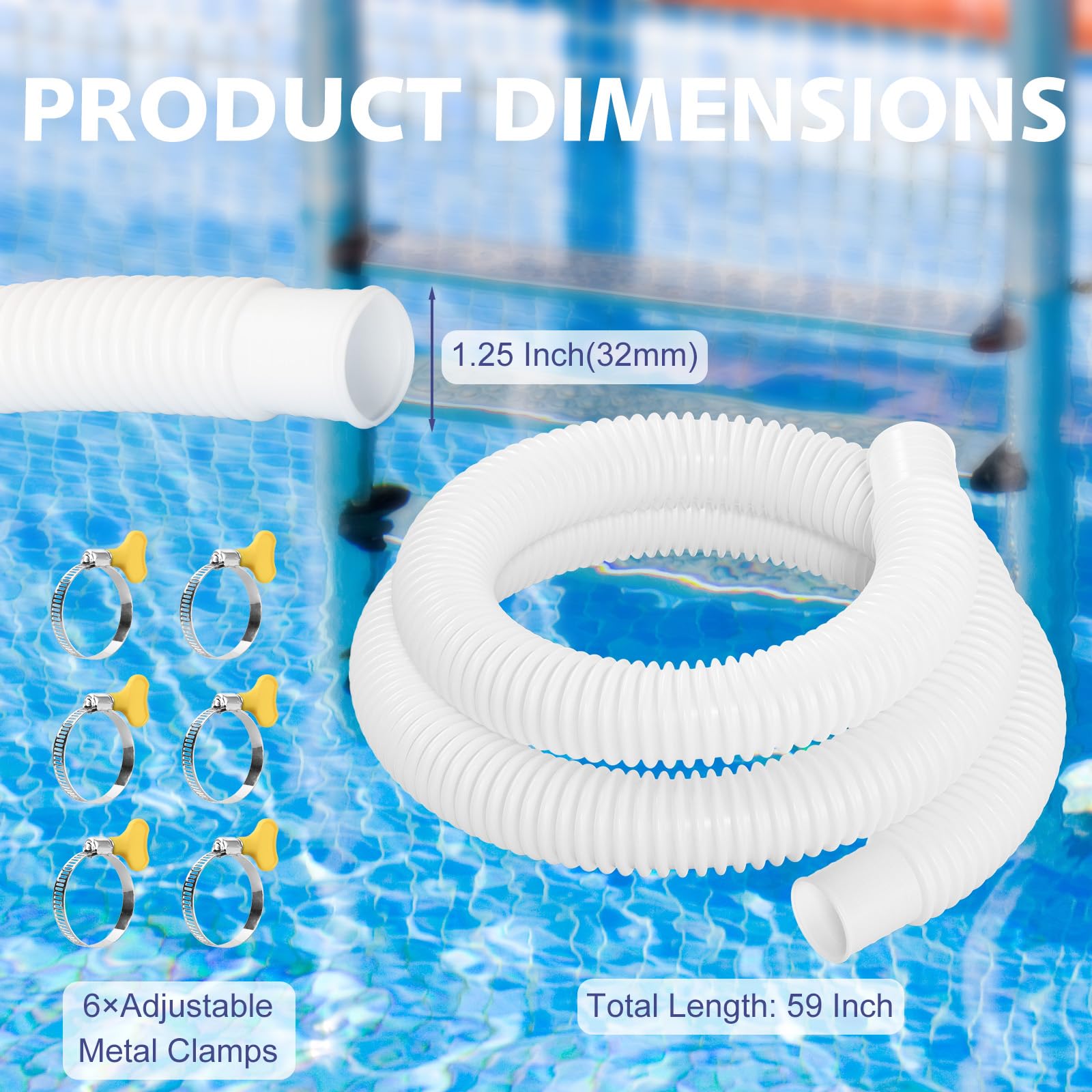 Manguera de piscina para piscinas sobre el suelo, 3 paquetes de manguera de repuesto de bomba de piscina de 1.25 pulgadas de diámetro, manguera de piscina de 59 pulgadas de longitud con 6