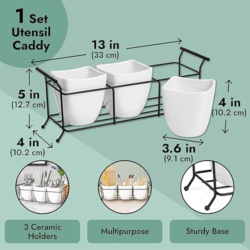 Miniatura 4 de Farmlyn Creek Soporte de utensilios de cocina blanco de 3 piezas con soporte de metal, organizador de cubiertos para cubiertos, cubiertos,
