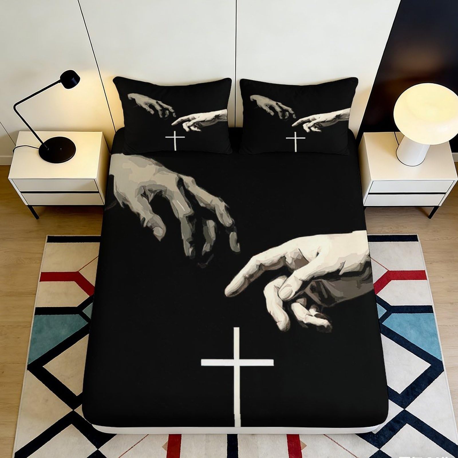 3D Printed Artistic Hands Fitted Sheet Microfiber Soft Breathable Religious Cross Bed Cover for Bedroom Dormitory Guest Room Mattress Protection 180x200x25cm