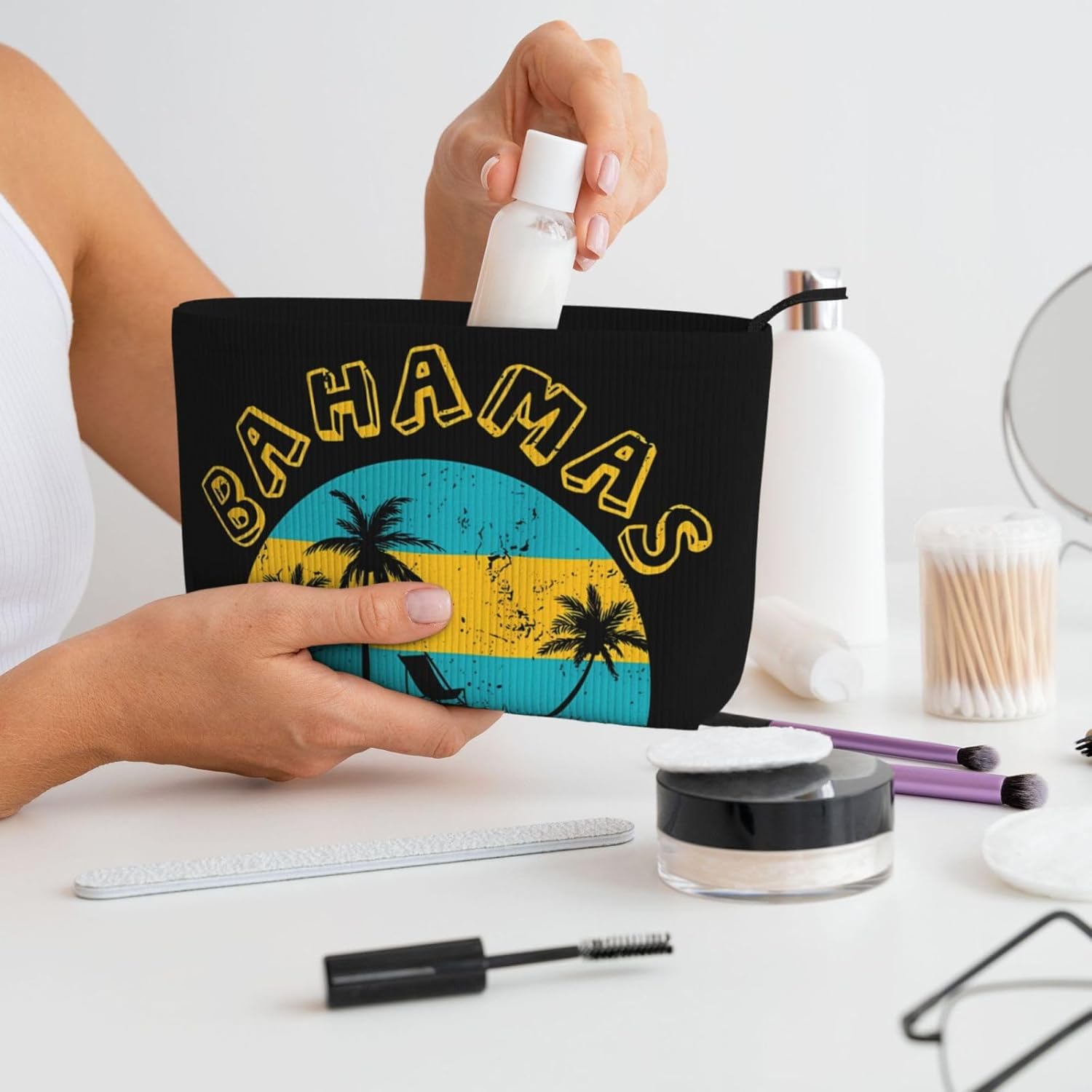 Proud Bahamas Bahamians Flag Portable Makeup Bag Corduroy Cosmetic Bags Travel Purse Pouch Makeup Brushes Skincare Storage Bag Toiletry Organizer Bags with Zipper - Image 6