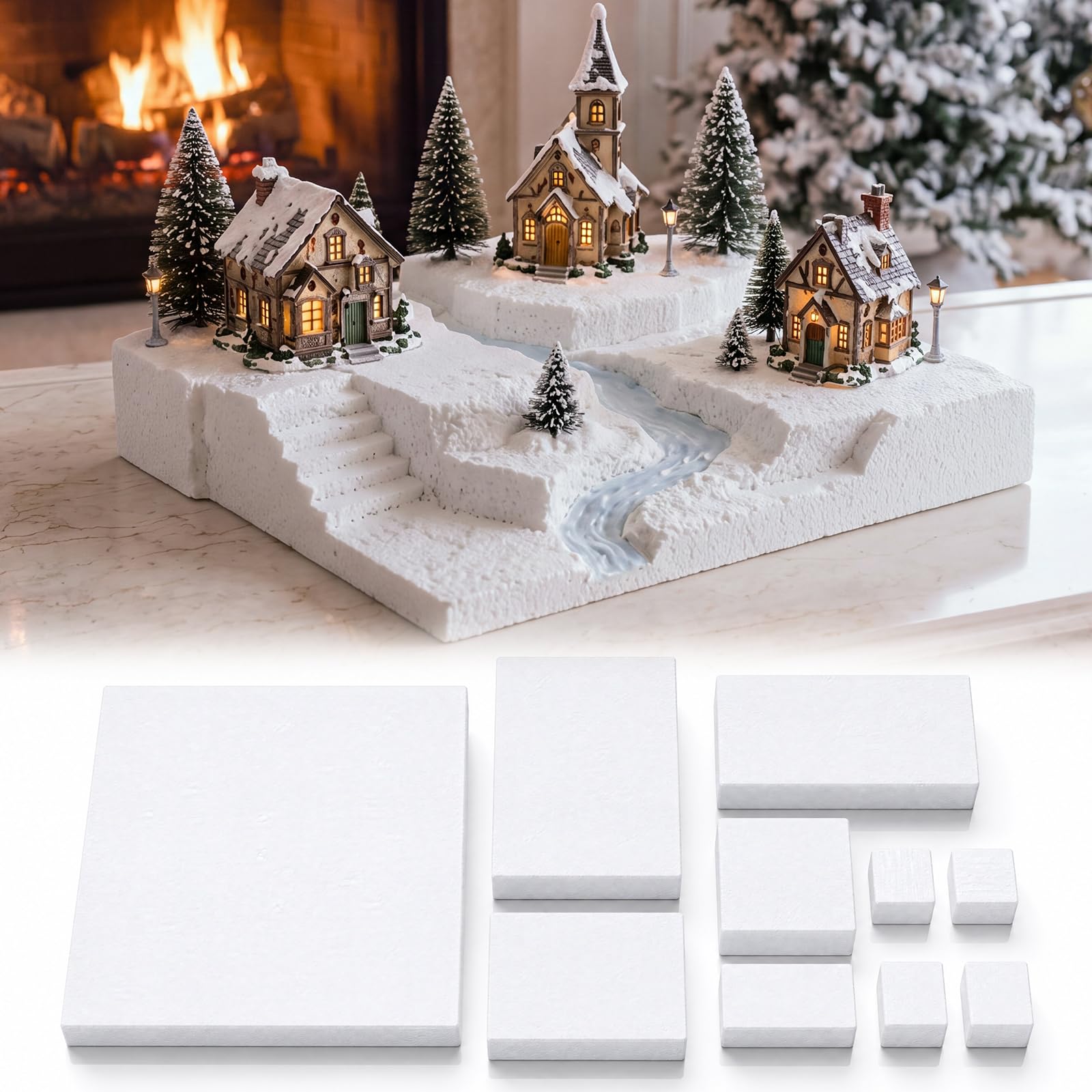 Pangda Lot de 10 présentoirs de village de Noël assortis en blocs de mousse