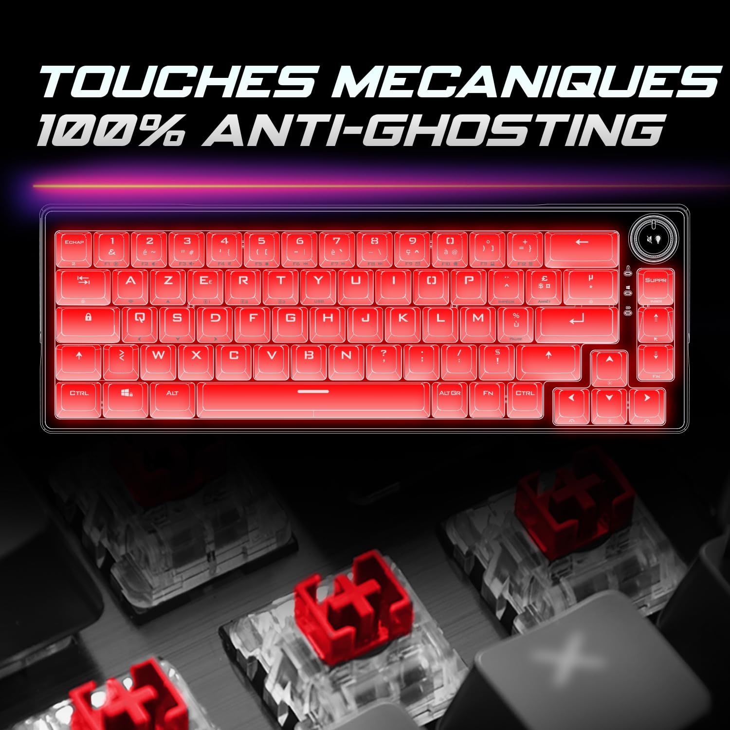 Spirit Of Gamer - XPERT K600, Clavier Gamer TKL sans Fil 65% Mécanique AZERTY, Switchs Rouges, Bluetooth, RF 2.4 GHz et Filaire USB, RGB 22 Modes, Anti-Ghosting 100%, Autonomie 200 Heures, Noir