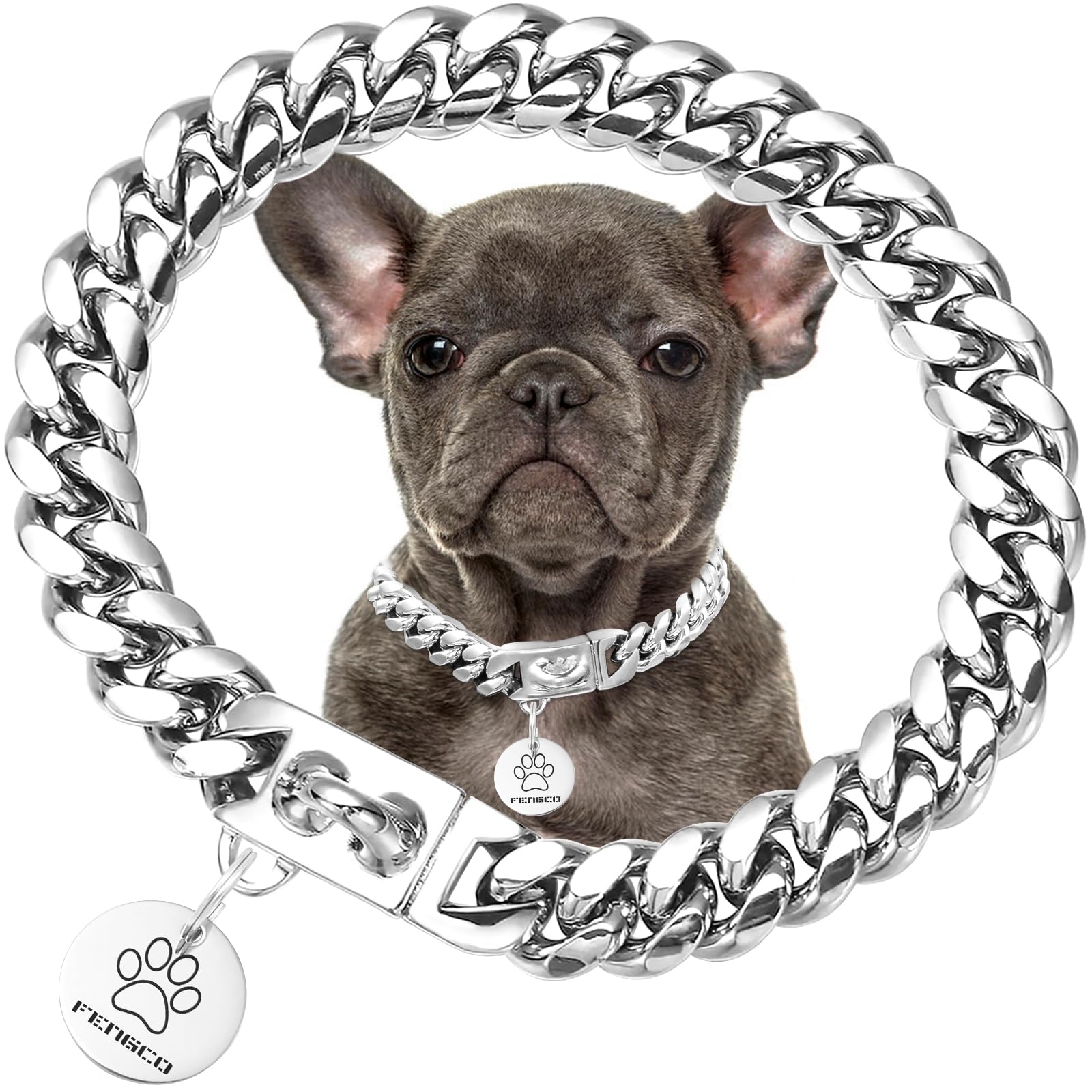 Silver Dog Chain Collar with Dog Tag Pendent Cuban Collar Necklace Metal Chain Collar Stainless Steel Pet Cuban Links Collars for Dogs(20inch)