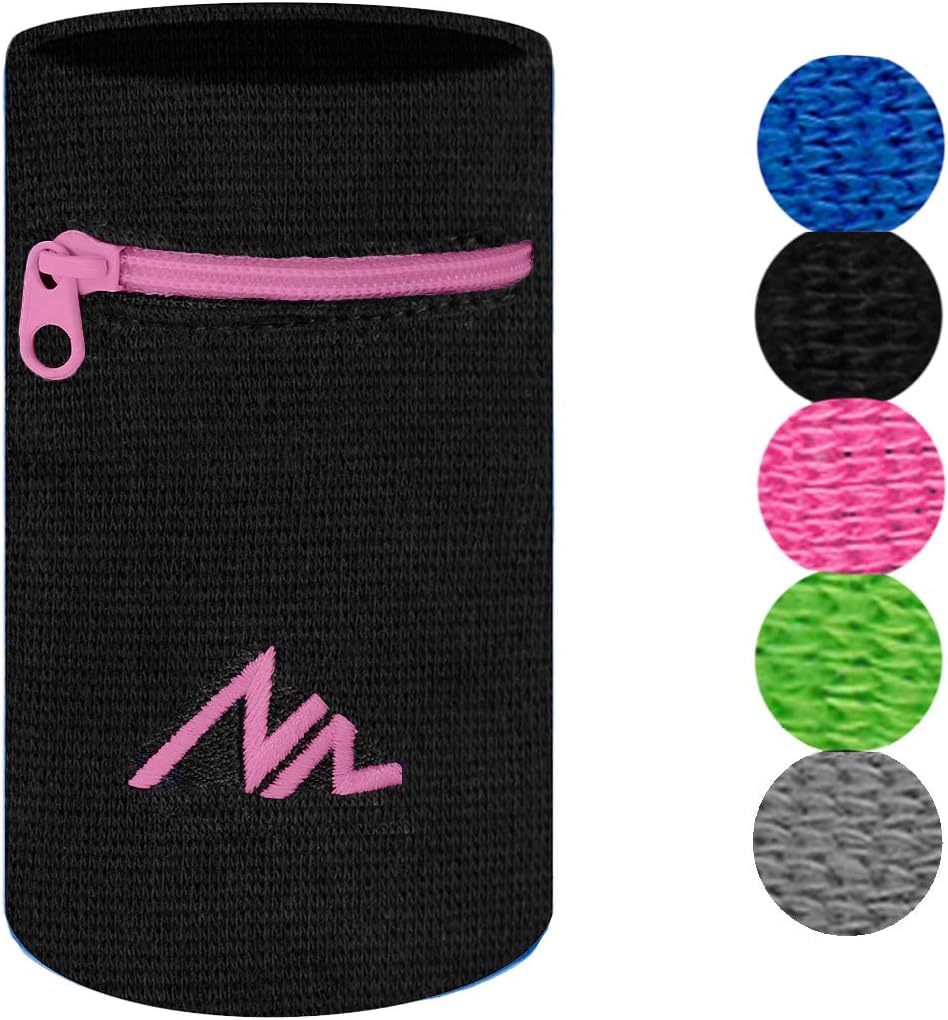 NEWZILL Wrist Wallet (Wristband) with Zipper - for Running, Walking, Basketball, Tennis, Hiking, Cross-Fit and More (Black/Pink-L)