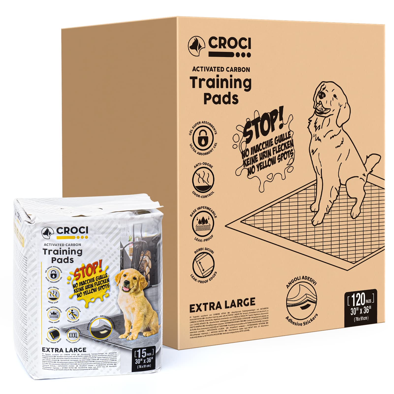CROCI XXXL 30"x36" Activated Carbon Pee Pads for Dogs, Odor-Control Charcoal Dog Pads Absorbs Up to 10 Cups of Liquid, 6-Layer Thicker Leak-Proof & Quick Dry Dog Training Pads, Disposable (120 Counts)