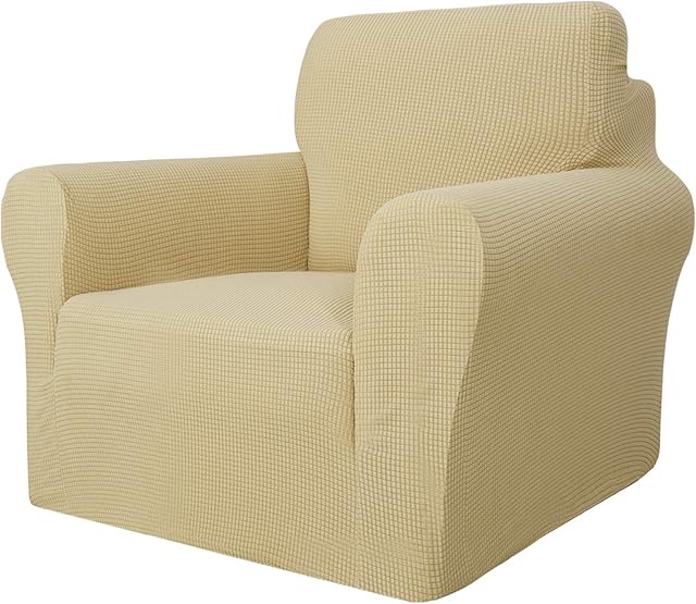 MAXIJIN Super Stretch Chair Covers for Living Room, 1-Piece Universal Chair Slipcover with Arms Jacquard Spandex Chair Protector Dogs Pet Friendly Sofa Couch Armchair Cover (1 Seater, Beige)
