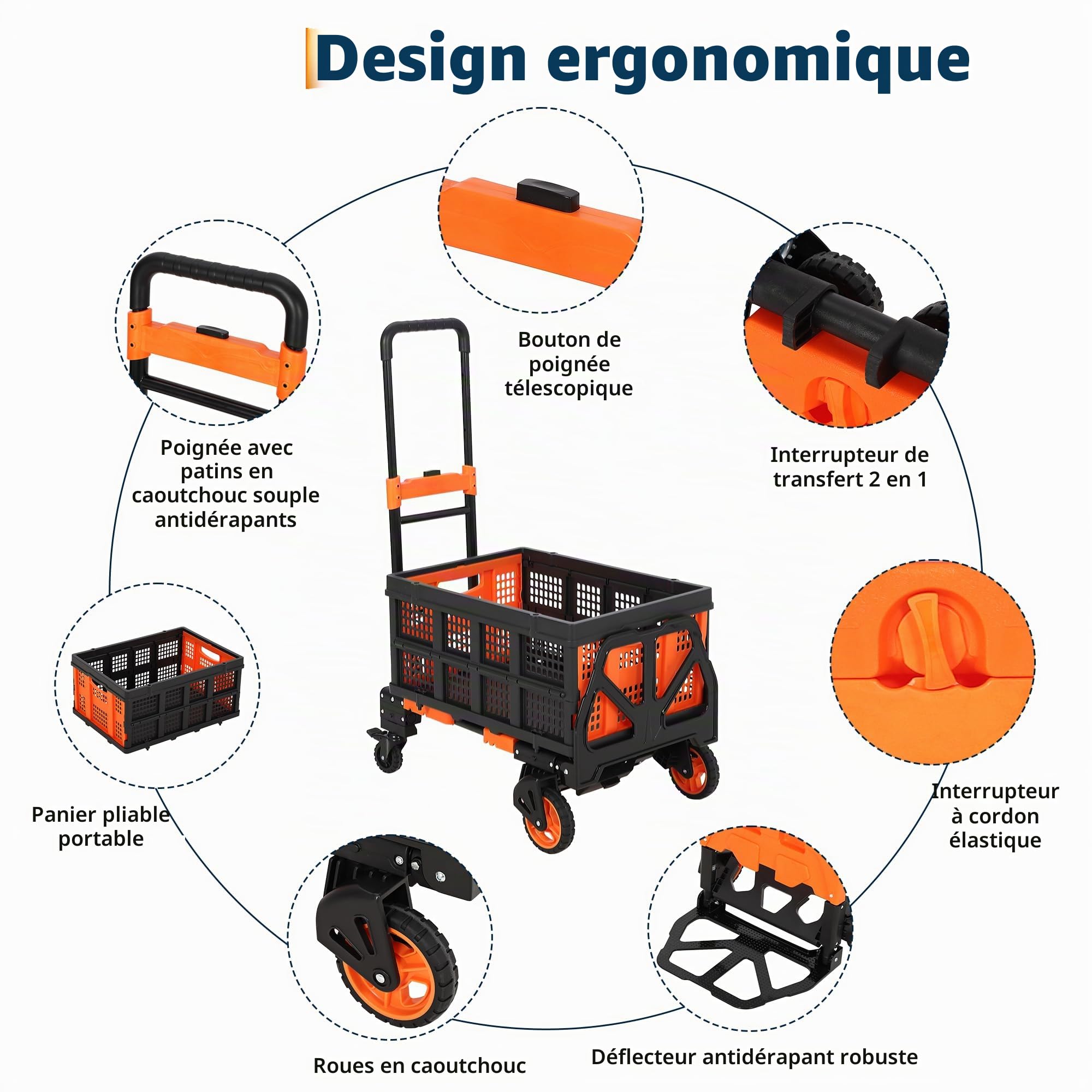 Diable et Chariot Plateforme 2en1 avec Boîte Pliante Tendeurs avec Crochets
